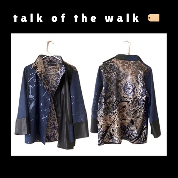 🌀🏷️🆕🎉 black & navy & gold metallic abstract design collar open jacket blazer - Picture 4 of 16
